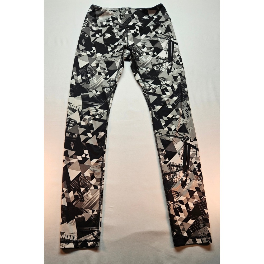 Reebok Womens Geometric Architecture Print Leggings Black White Grey Size Small